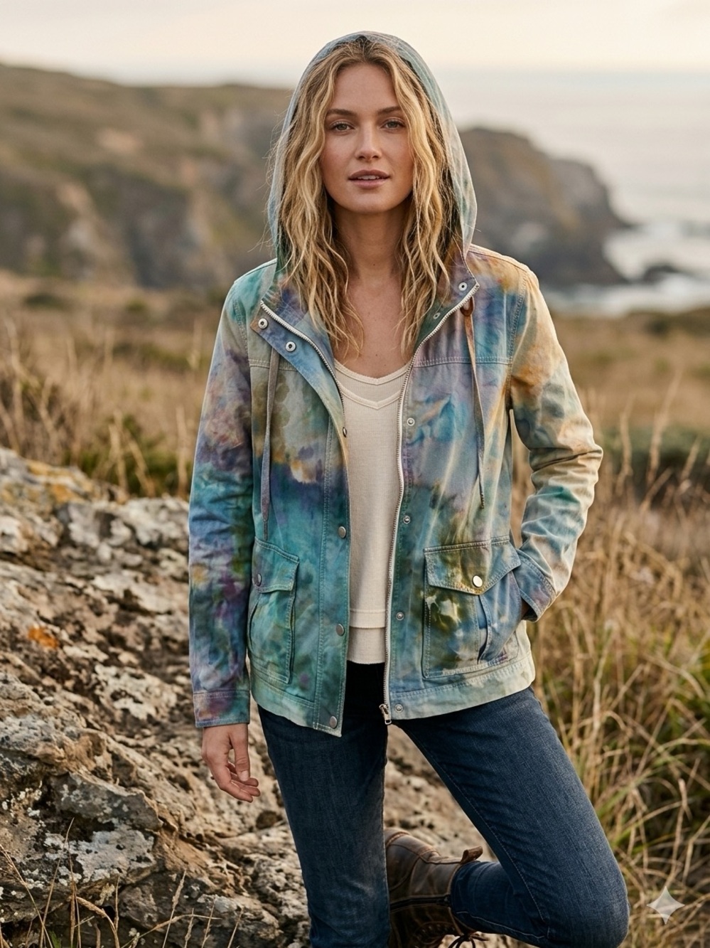 Sweet Wanderer Tie-Dye Hooded Jacket in Green, Blue, Tan and Cream Size Medium